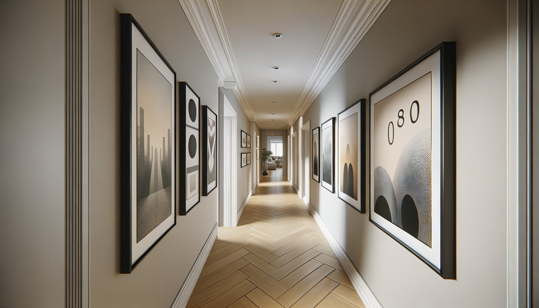 Couloir moderne avec tableaux de tailles décroissantes créant une perspective visuelle sophistiquée