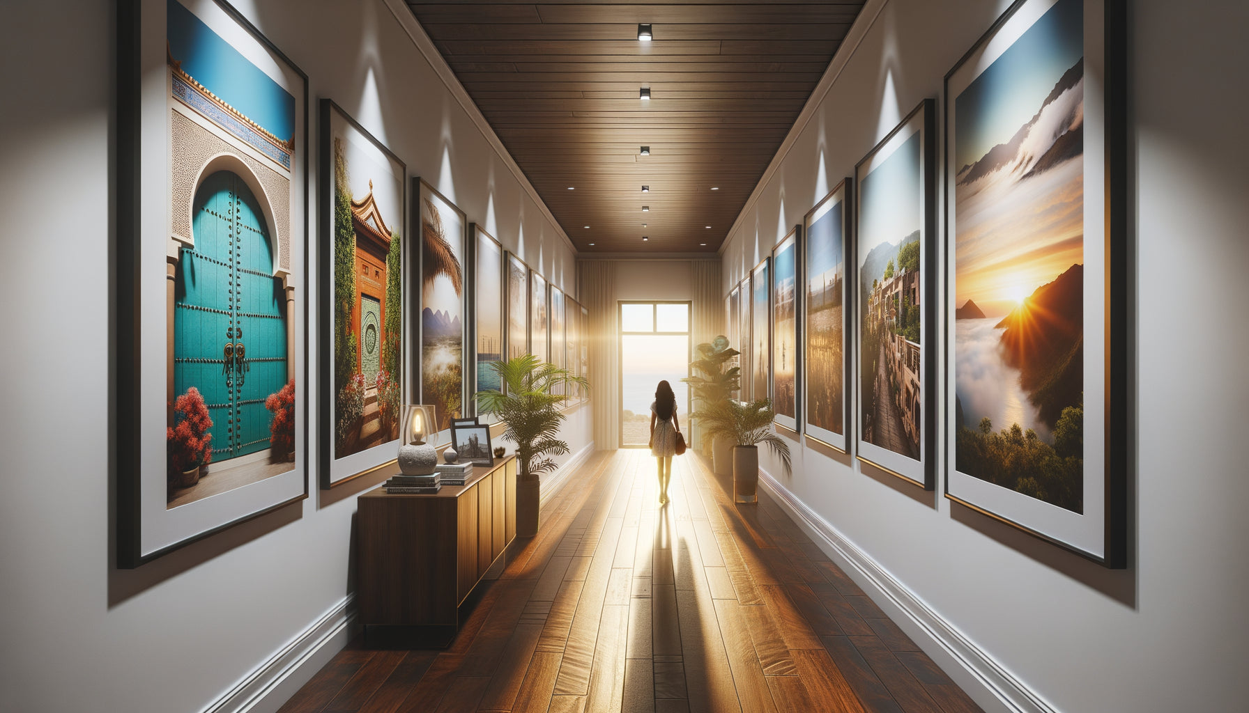 Couloir contemporain avec collection de photographies de voyage encadrées créant une galerie d'évasion résidentielle