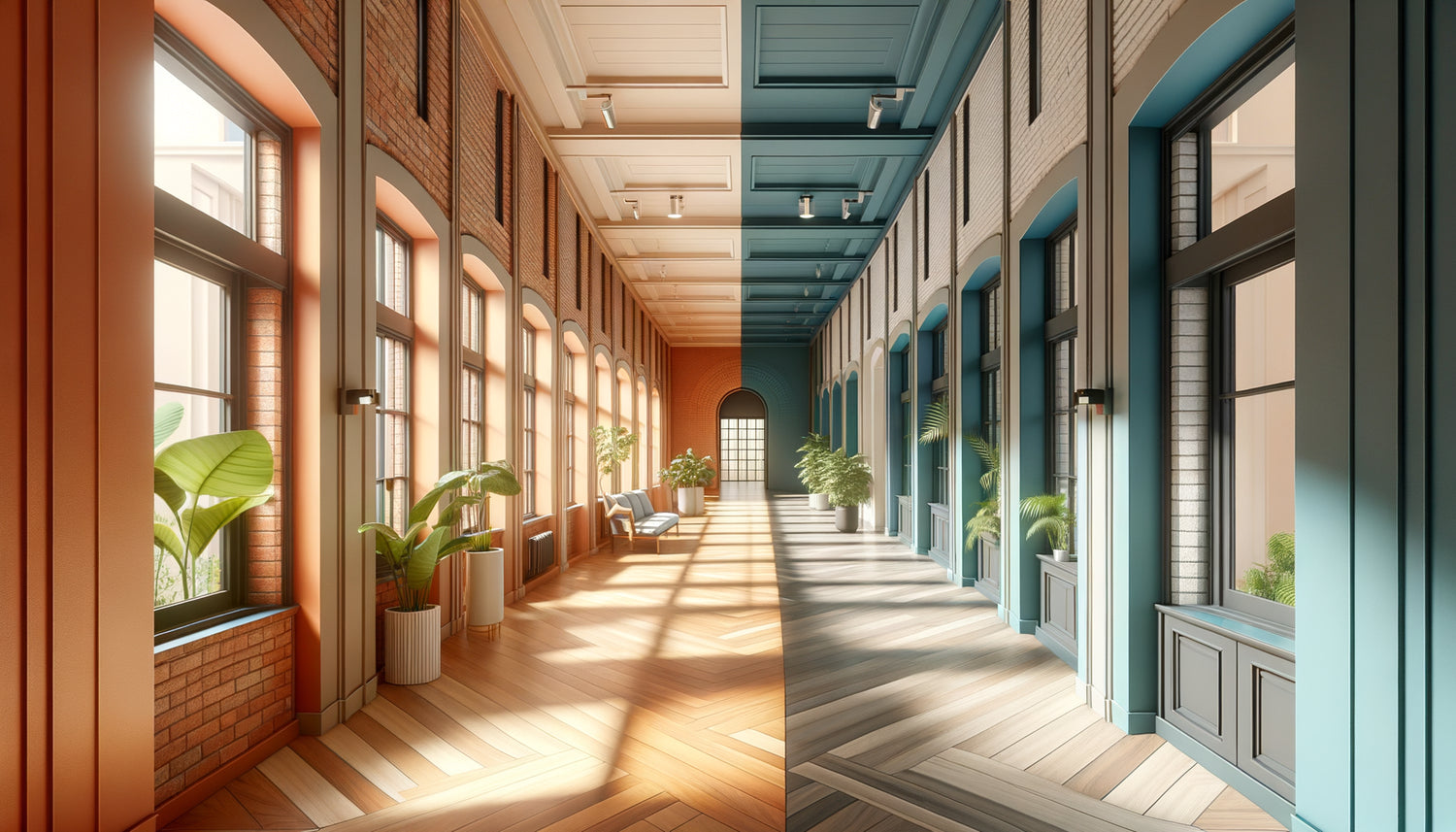 Comparaison visuelle d'un couloir avec tons chauds raccourcissant l'espace et tons froids l'allongeant visuellement