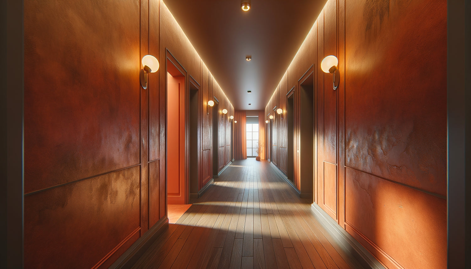 Couloir contemporain transformé avec tons chauds terracotta, ocre et ambré créant une ambiance conviviale