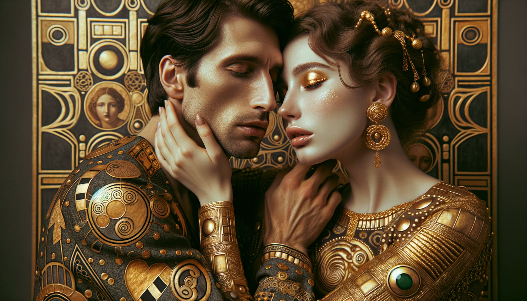 Couple enlacé style Klimt période dorée, motifs géométriques Art Nouveau, feuilles d'or byzantines, esthétique Vienne 1907