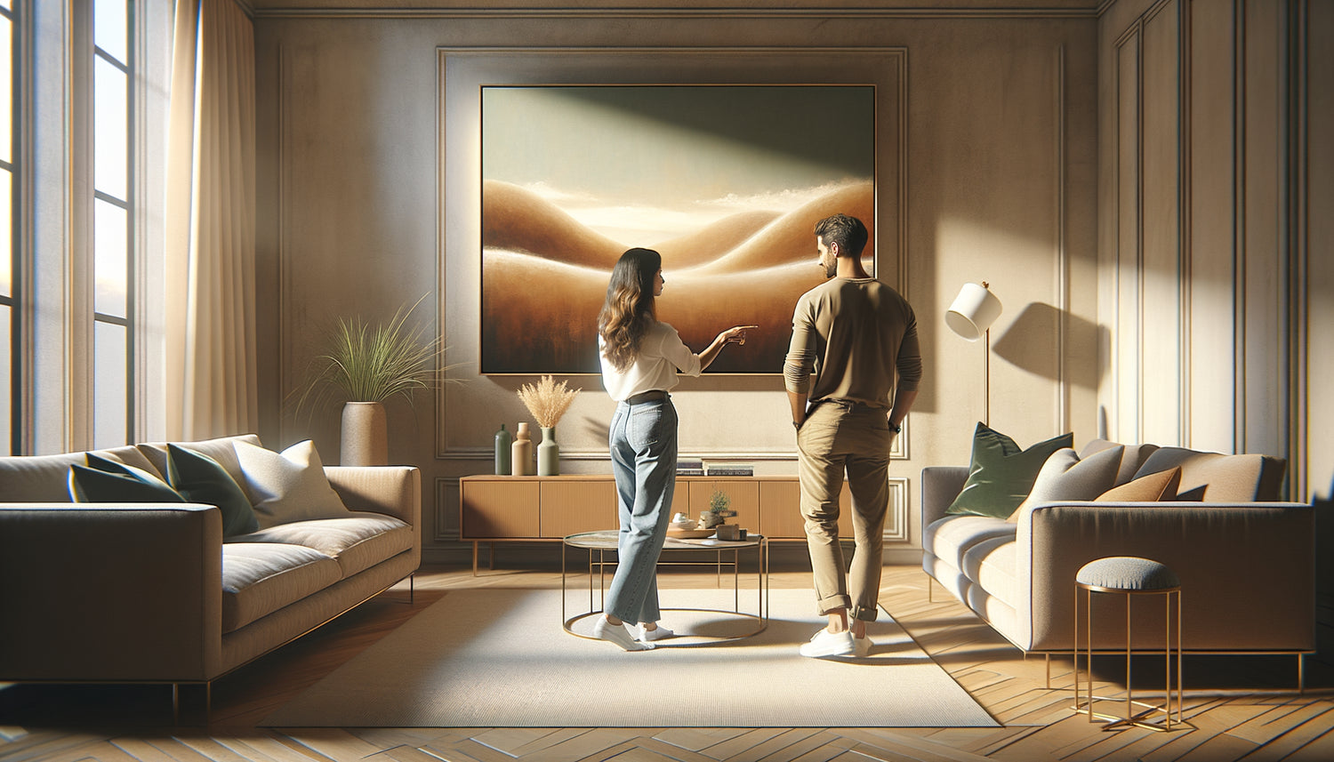 Couple contemporain contemplant ensemble un tableau dans leur salon chaleureux, choisissant une œuvre d'art pour leur intérieur