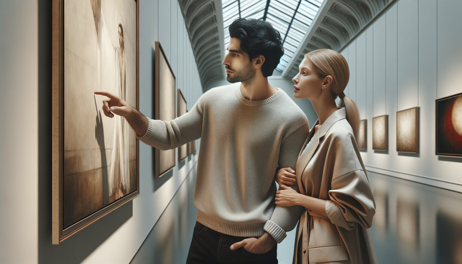 Couple dialoguant devant une œuvre d'art contemporaine majeure dans une galerie, moment de décision partagée