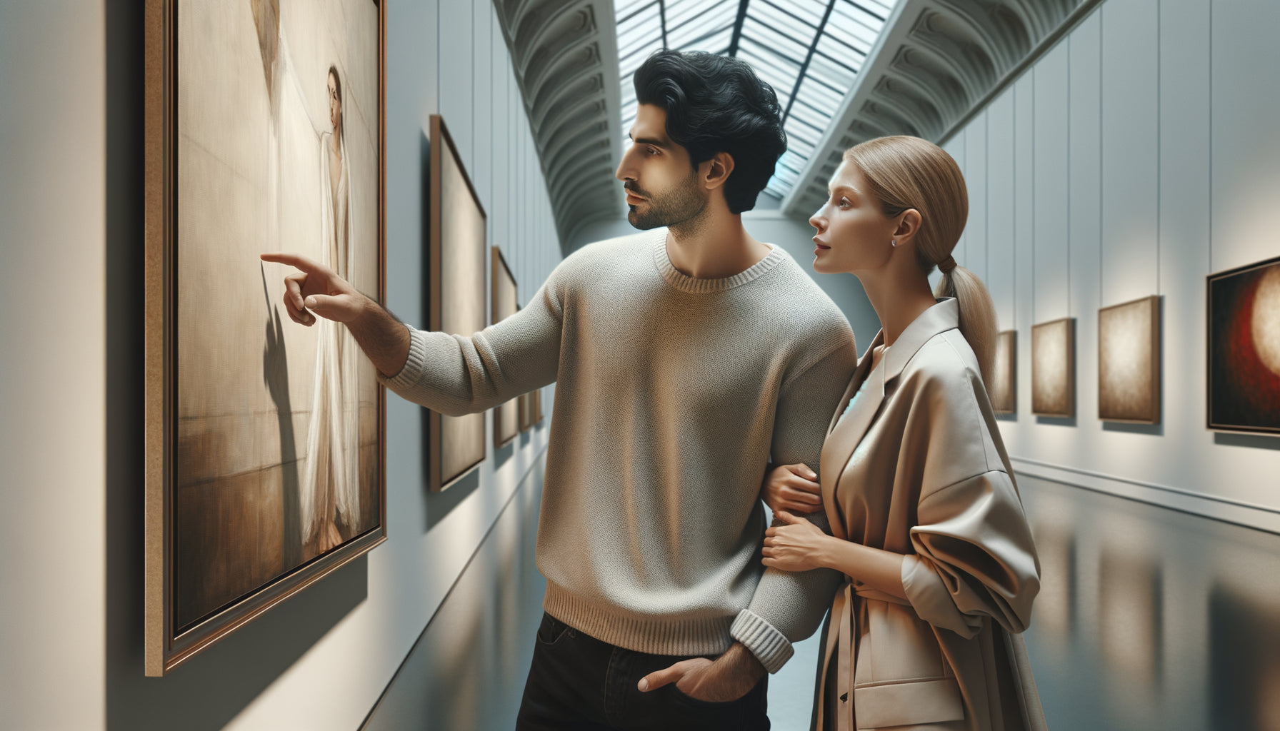 Couple dialoguant devant une œuvre d'art contemporaine majeure dans une galerie, moment de décision partagée
