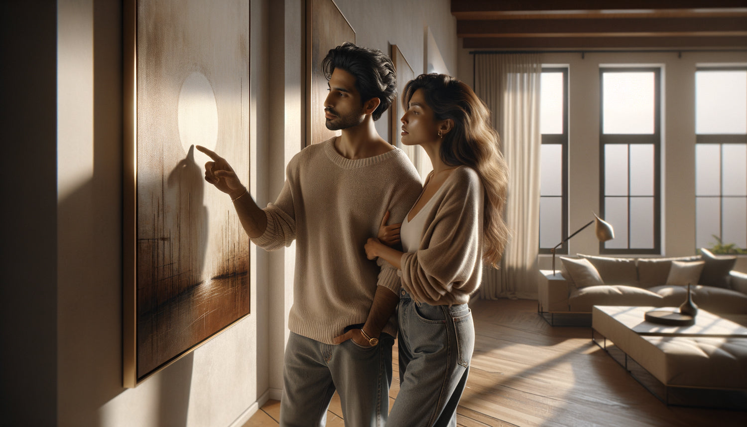 Couple moderne discutant ensemble devant un tableau abstrait dans leur salon, moment de complicité et choix partagé