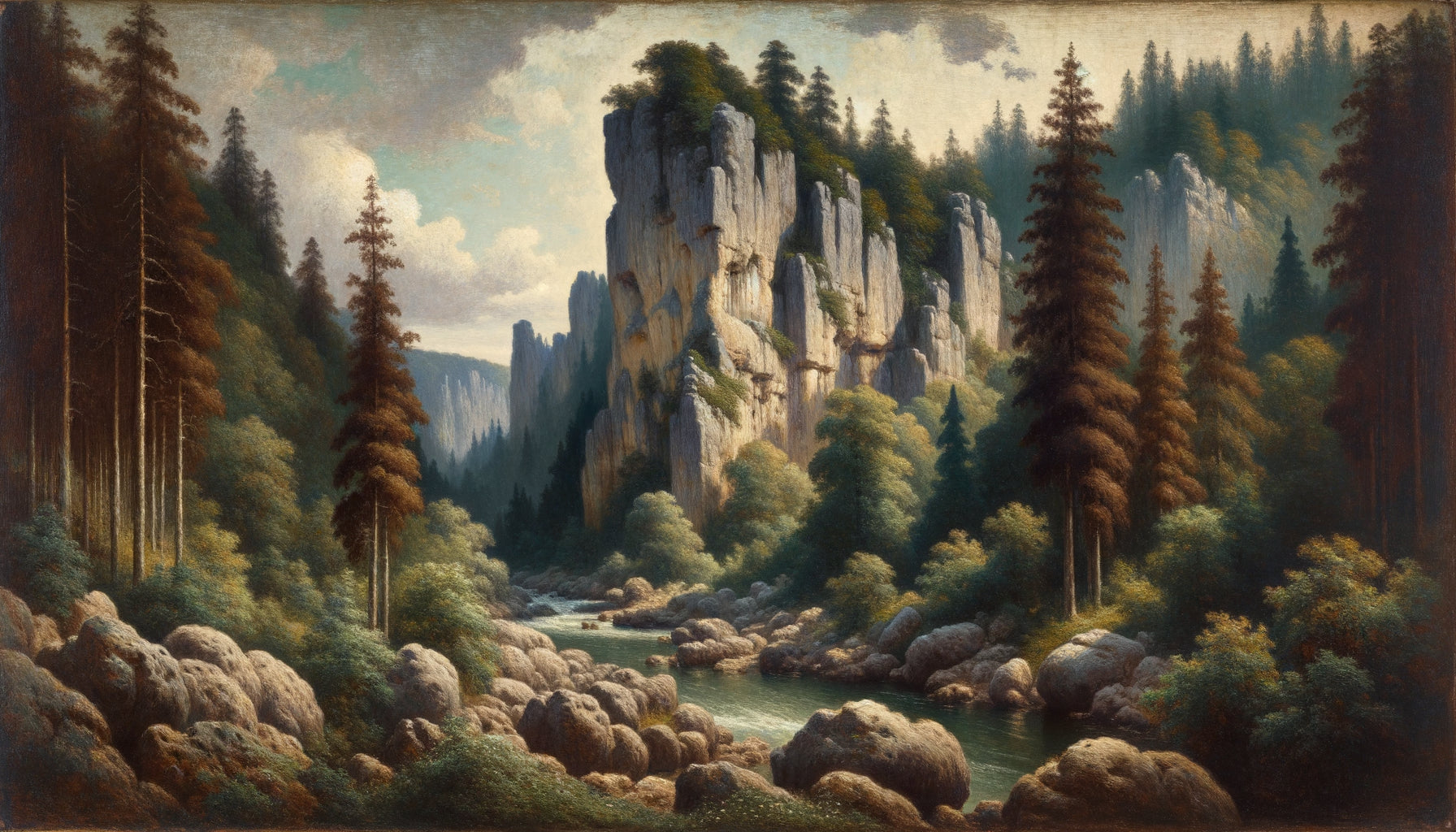 Paysage réaliste style Gustave Courbet, rochers bruts et forêt dense, technique palette couteau, réalisme français XIXe siècle