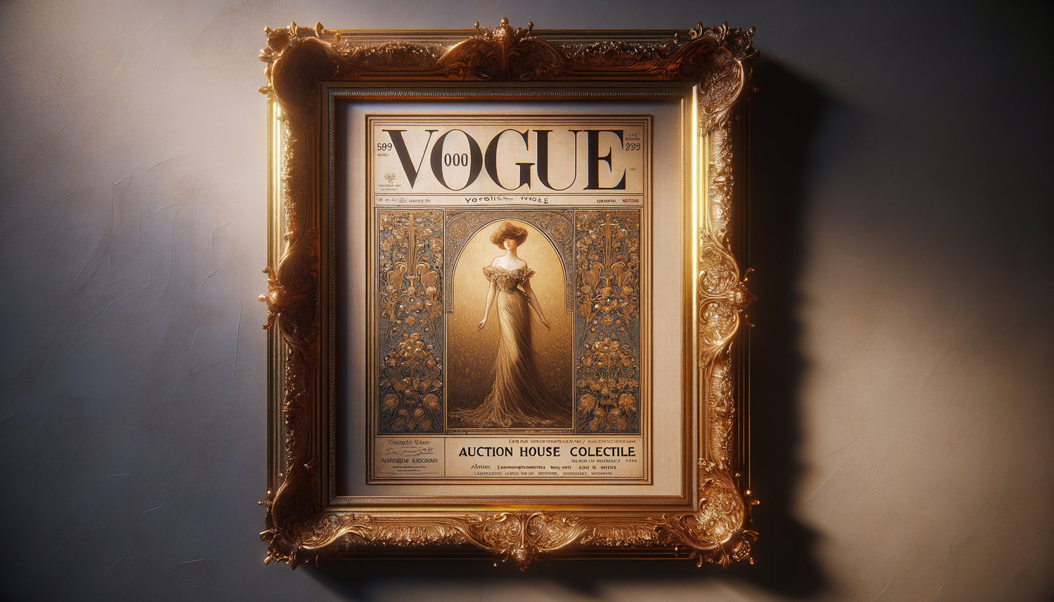 Couverture encadrée vintage du magazine Vogue début 1900 dans un cadre doré luxueux, présentation muséale de qualité collection