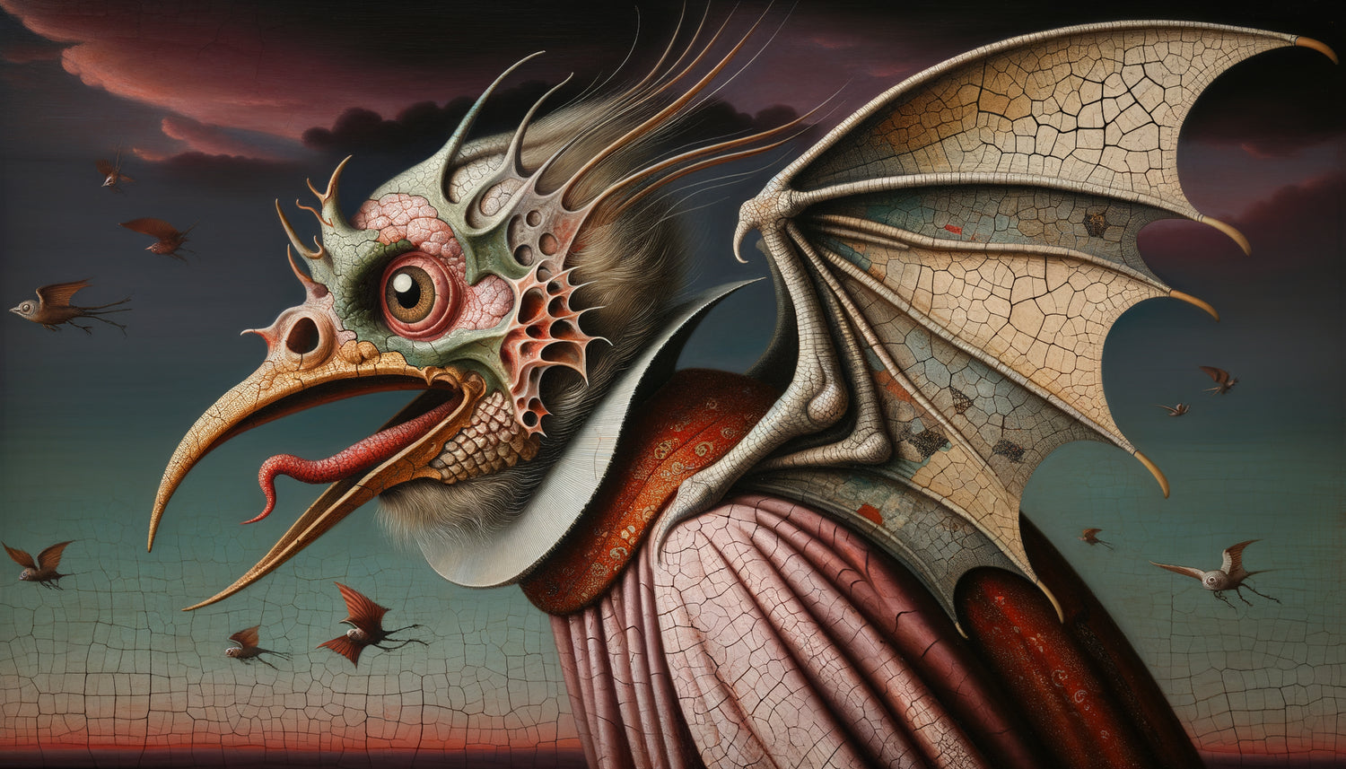 Créature hybride fantastique dans le style pictural caractéristique de Jérôme Bosch, peinture gothique XVe siècle, ancêtre des monstres Halloween