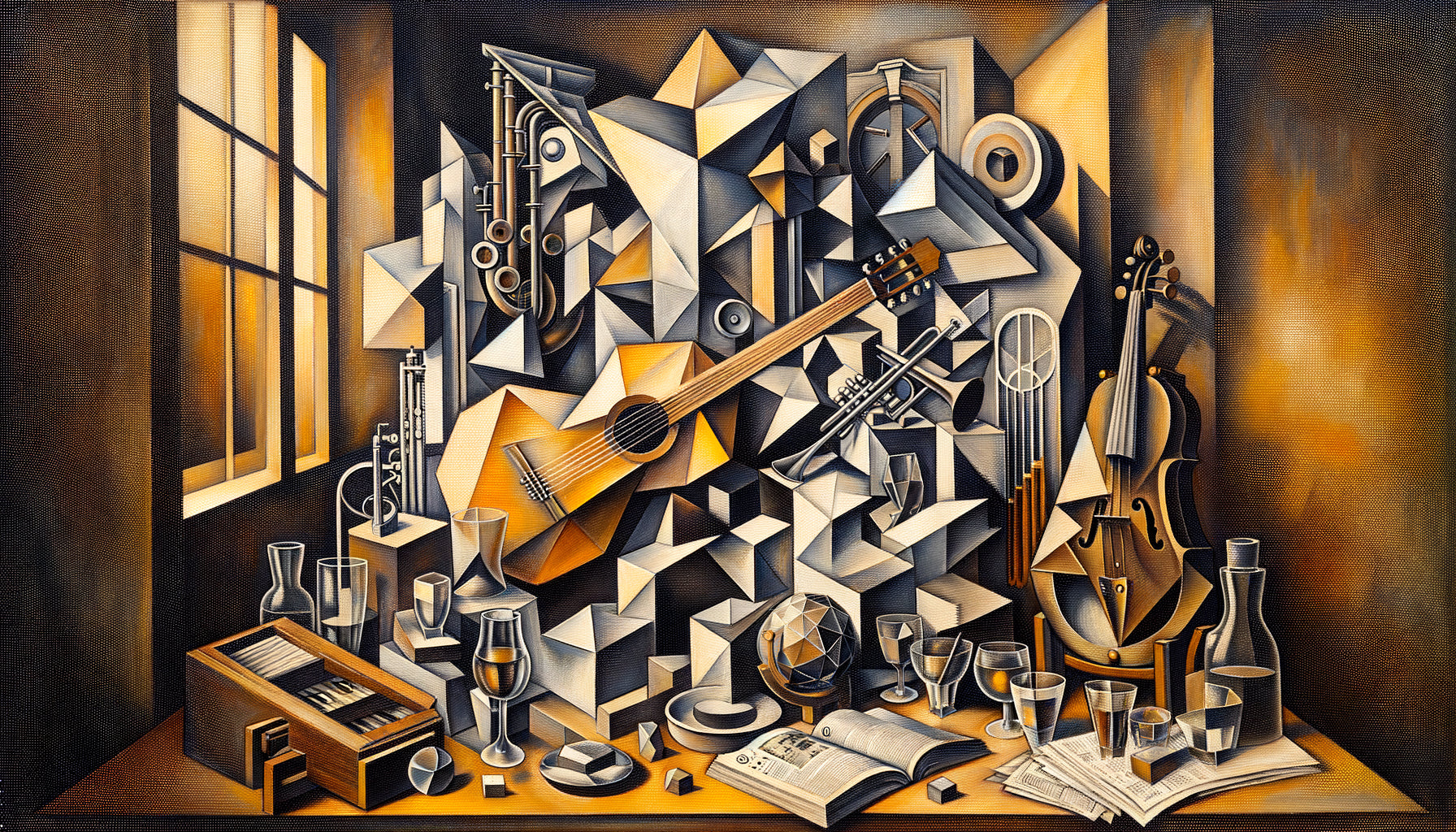 Peinture cubiste analytique style Picasso 1909-1910, plans géométriques fragmentés, perspectives multiples simultanées, palette monochrome ocre et gris