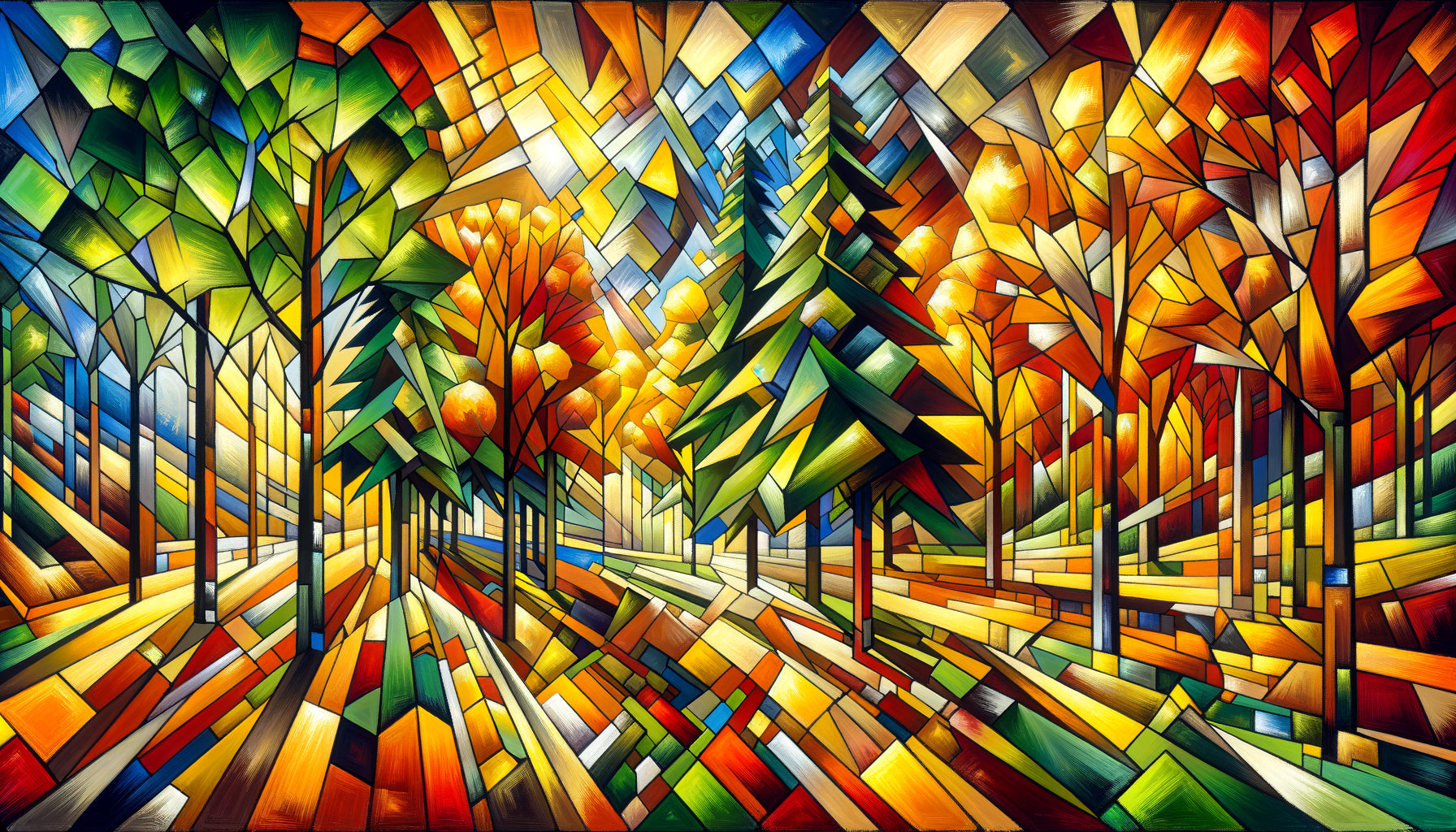 Paysage forestier fragmenté style Cubo-Futurisme russe 1912-1915, formes géométriques colorées explosives, esthétique Malevitch et Gontcharova