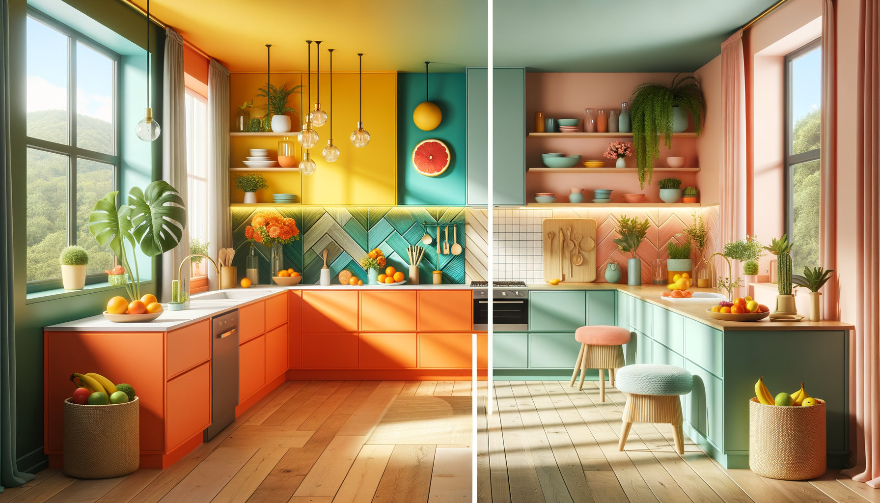 Comparaison visuelle cuisine moderne : tons vifs énergisants versus palette pastel apaisante pour ambiance conviviale