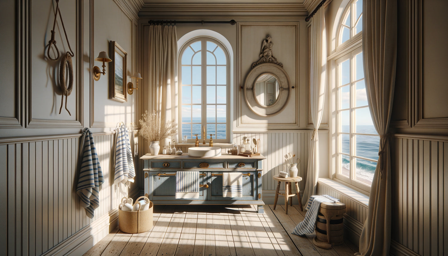 Salle de bain élégante d'inspiration balnéaire française Belle Époque avec palette maritime apaisante et matériaux nobles