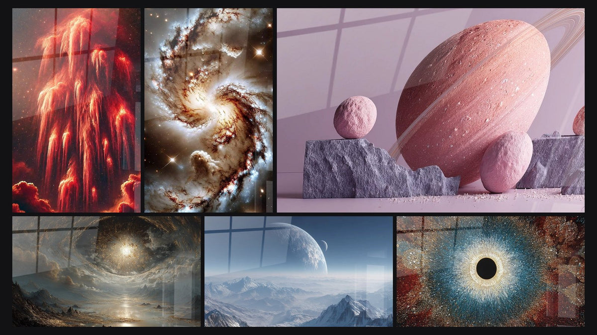 Mosaic of six paintings, including Plasma Cascade, Whirlwind of Light and Spiral Galaxy Cosmic