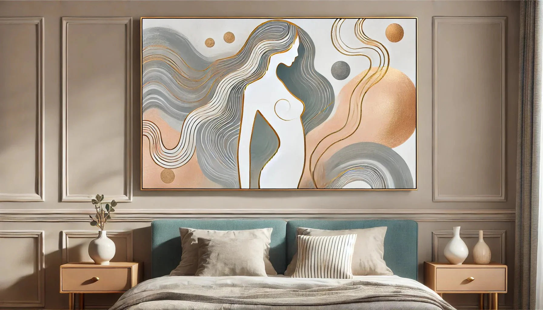 "Tableau abstrait féminin avec des courbes fluides, nuances de beige, gris et or, apportant élégance et sérénité dans une chambre moderne."