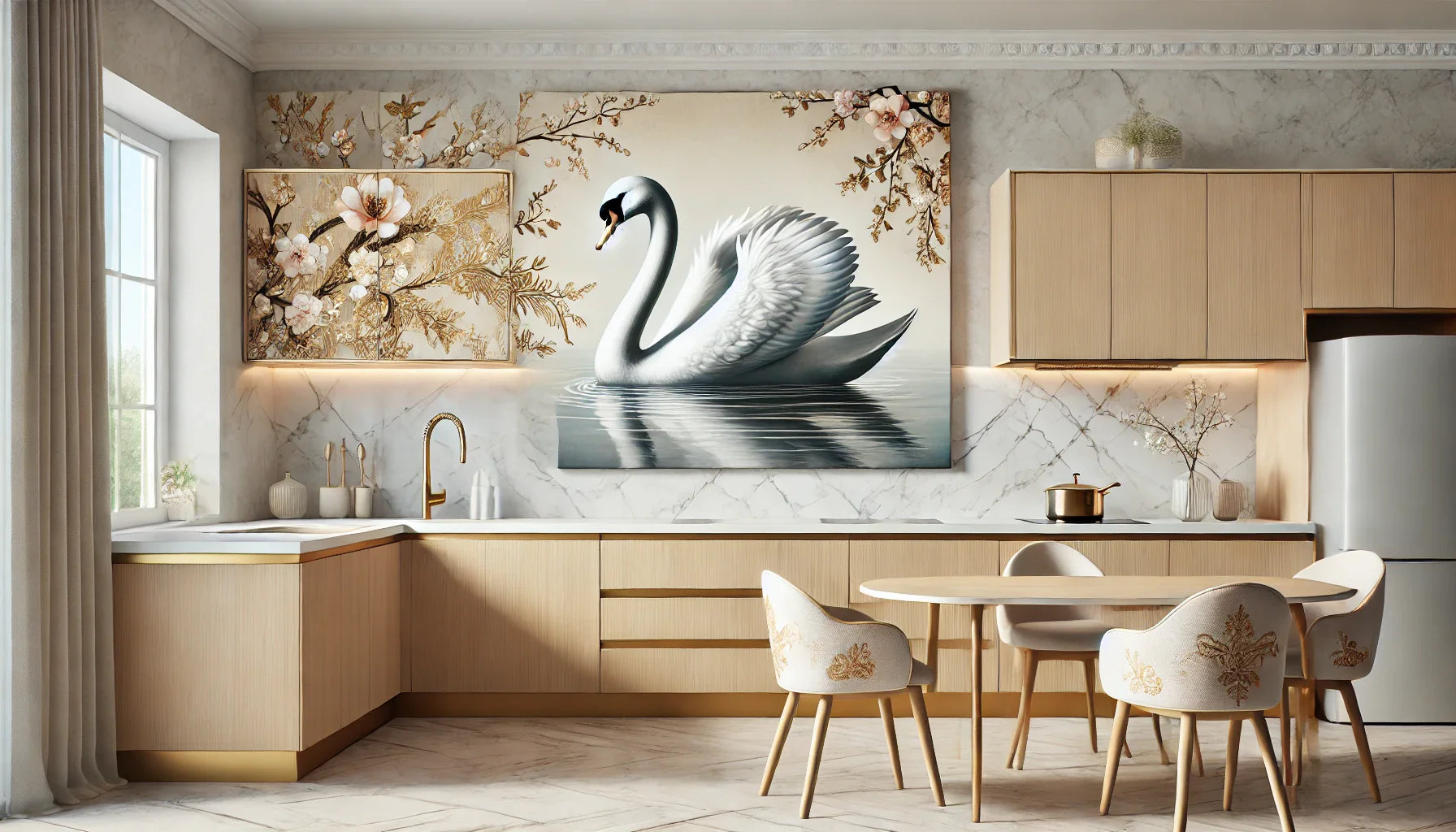 Tableau représentant un cygne majestueux flottant sur l'eau calme avec des accents dorés et des fleurs de cerisier en arrière-plan. Idéal pour une cuisine moderne et épurée avec des meubles en bois clair et des surfaces en marbre.