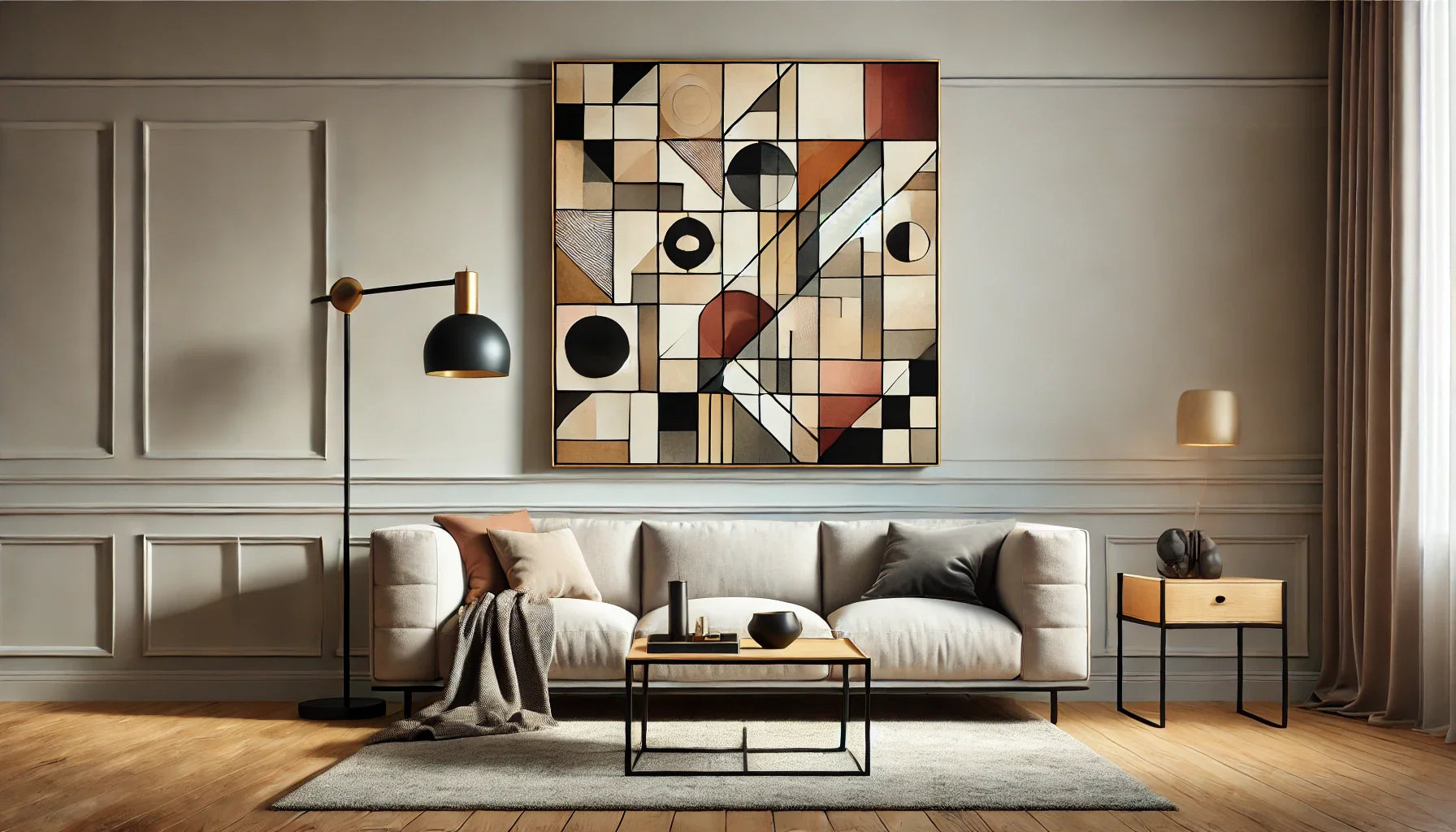 Salon moderne avec tableau cubiste abstrait aux formes géométriques et aux couleurs chaudes, créant une ambiance artistique et contemporaine.