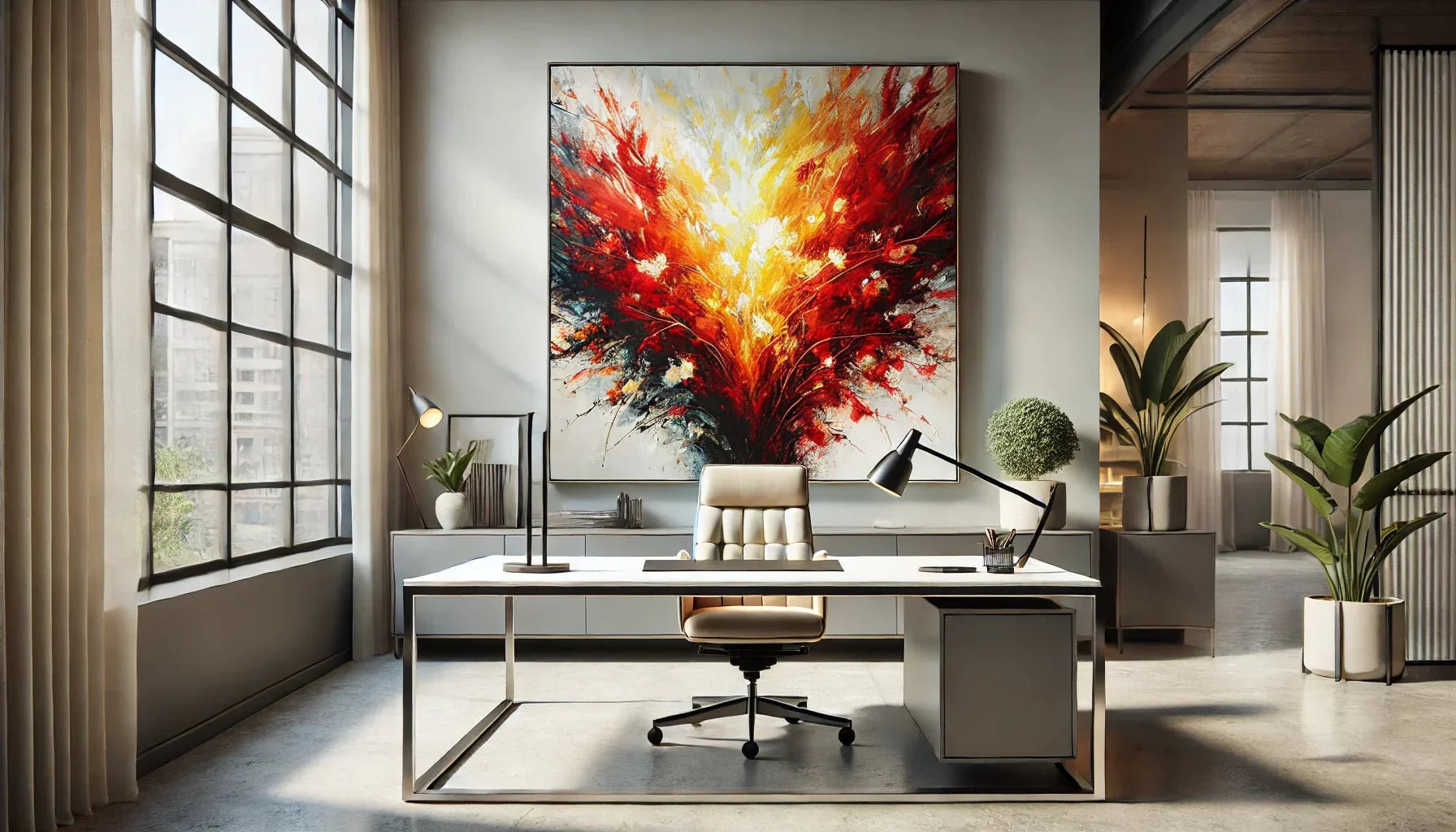 "Tableau abstrait rouge et jaune dans un bureau moderne, avec des touches vives et un design minimaliste élégant."