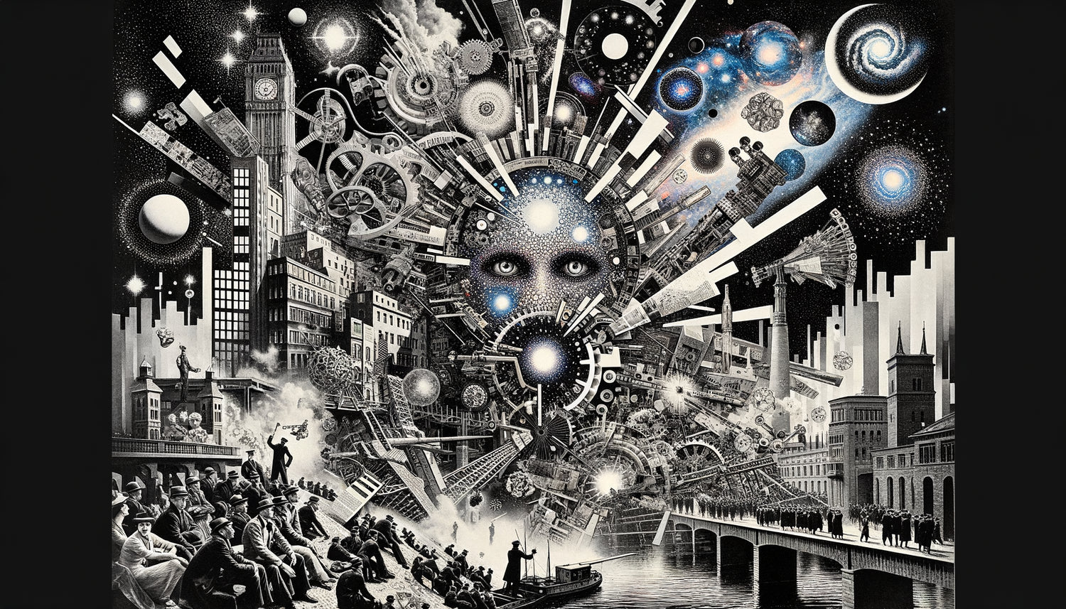 Photomontage dadaïste berlinois années 1920 mêlant imagerie astronomique et éléments politiques dans le style de Hannah Höch