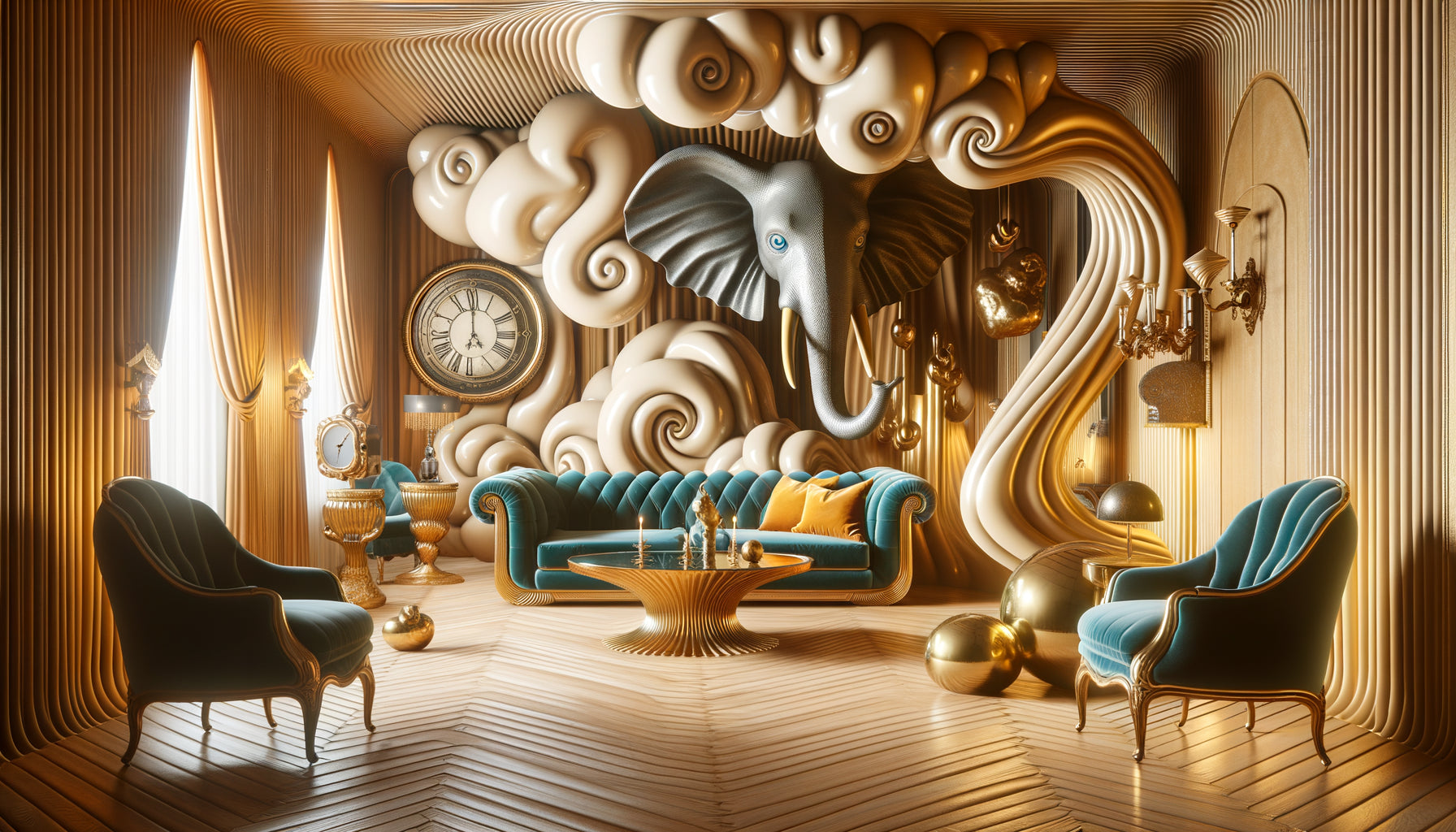 Décoration d'intérieur surréaliste inspirée de Salvador Dalí avec horloge molle et formes organiques oniriques