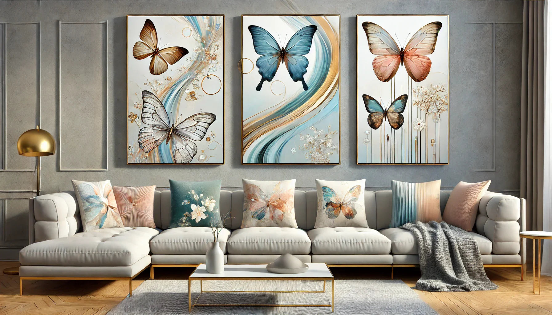 Composition artistique horizontale présentant une sélection de tableaux papillon dans des tons délicats et vibrants, parfaits pour sublimer un salon avec une touche de nature et d’élégance.
