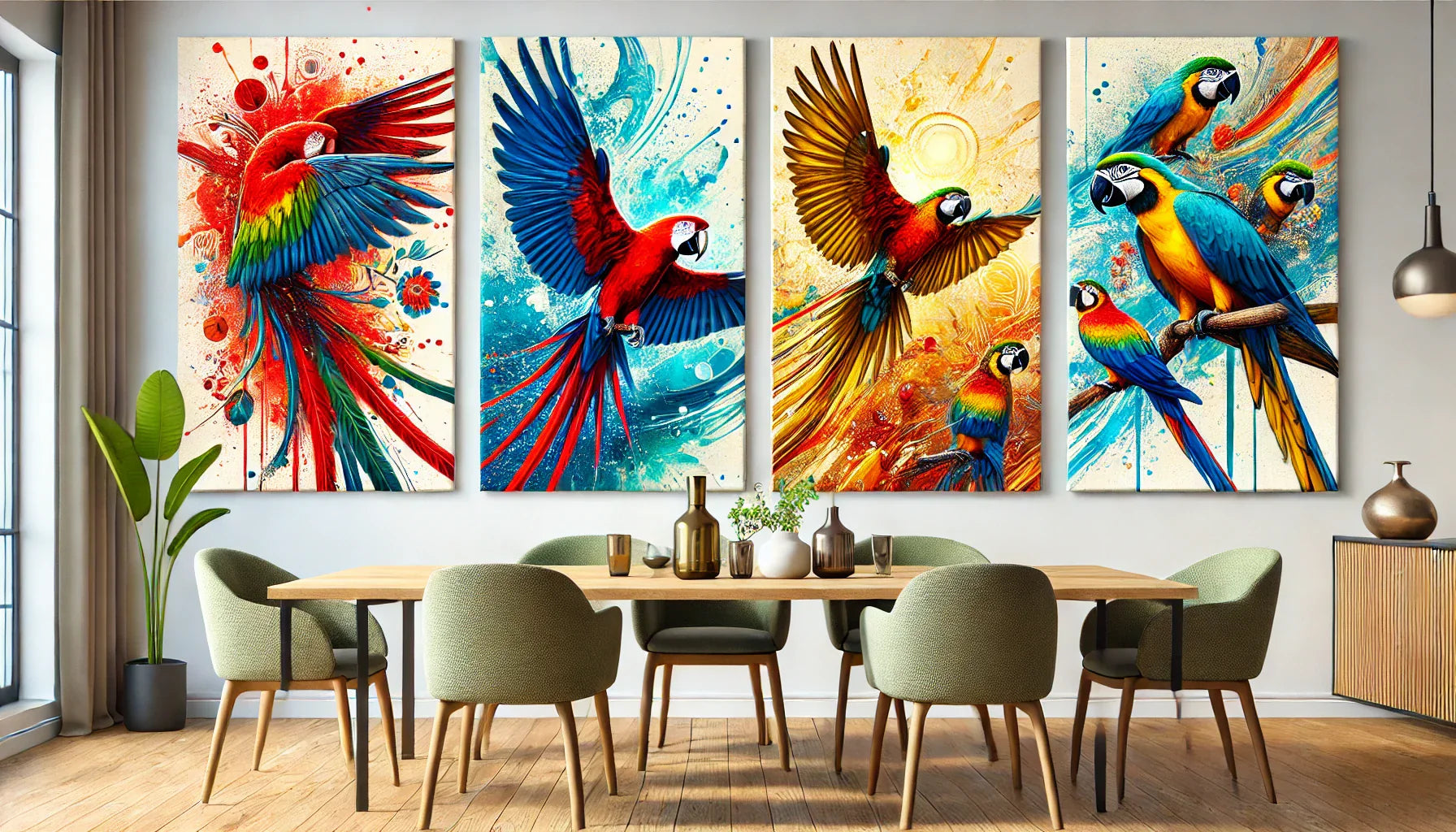 Composition horizontale présentant quatre tableaux perroquet artistiques et vibrants. Chaque tableau met en avant un style unique : perroquet en vol rouge et vert, perroquet dynamique bleu et jaune, portrait tropical avec perroquet bleu et or, et deux per