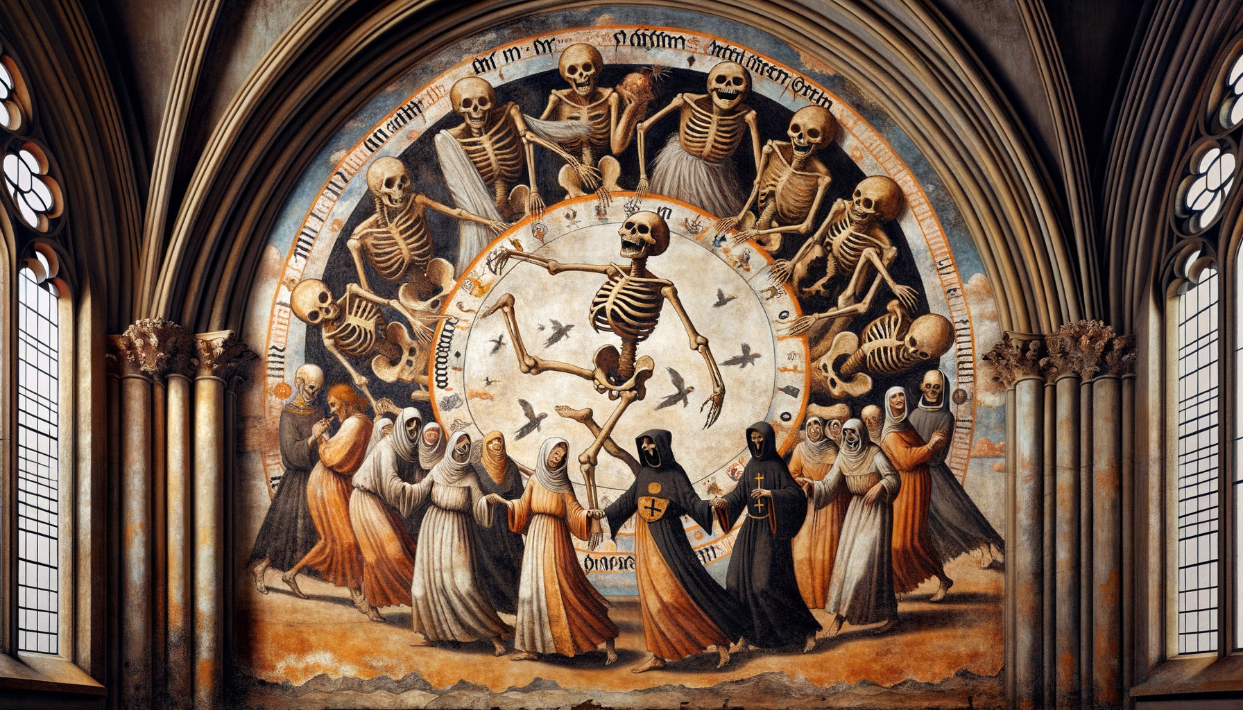 Fresque médiévale de danse macabre montrant squelettes grimaçants entraînant vivants dans ronde funèbre, style gothique XVe siècle