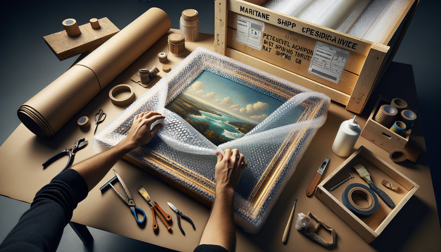Déballage minutieux d'un tableau emballé après transport maritime avec caisse en bois et protections