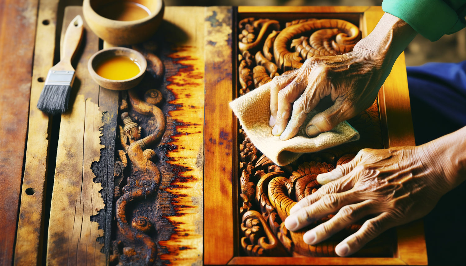 Restauration artisanale de meuble ancien par décapage au solvant révélant les couleurs originales du bois sous le vernis jauni