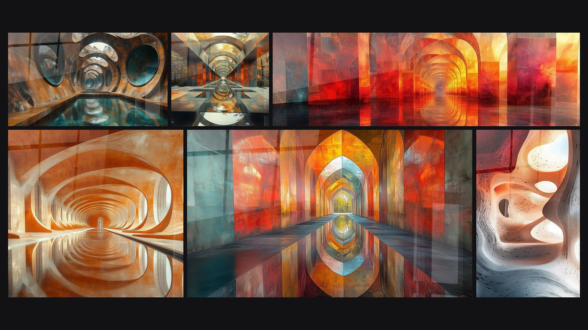 Mosaik aus sechs Gemälden, darunter Leuchtender Abgrund Oxidiert, Zeitliche Passage Rost und Tunnel Unendlich Orange