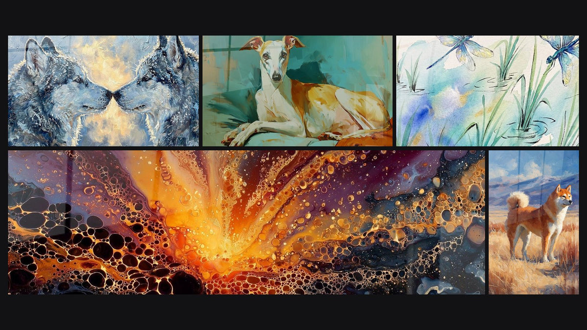 Mosaico di cinque quadri, tra cui Coppia di Huskys con Musi che si Toccano e Shiba Inu Rosso nella Prateria Dorata