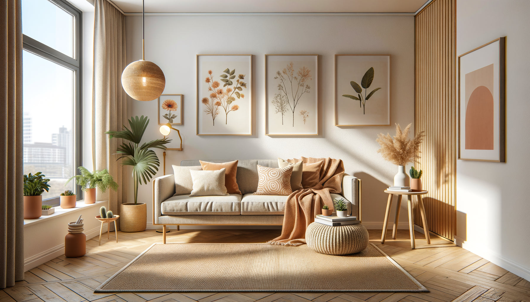 Intérieur d'appartement Airbnb moderne décoré avec goût selon un budget limité, style scandinave chaleureux