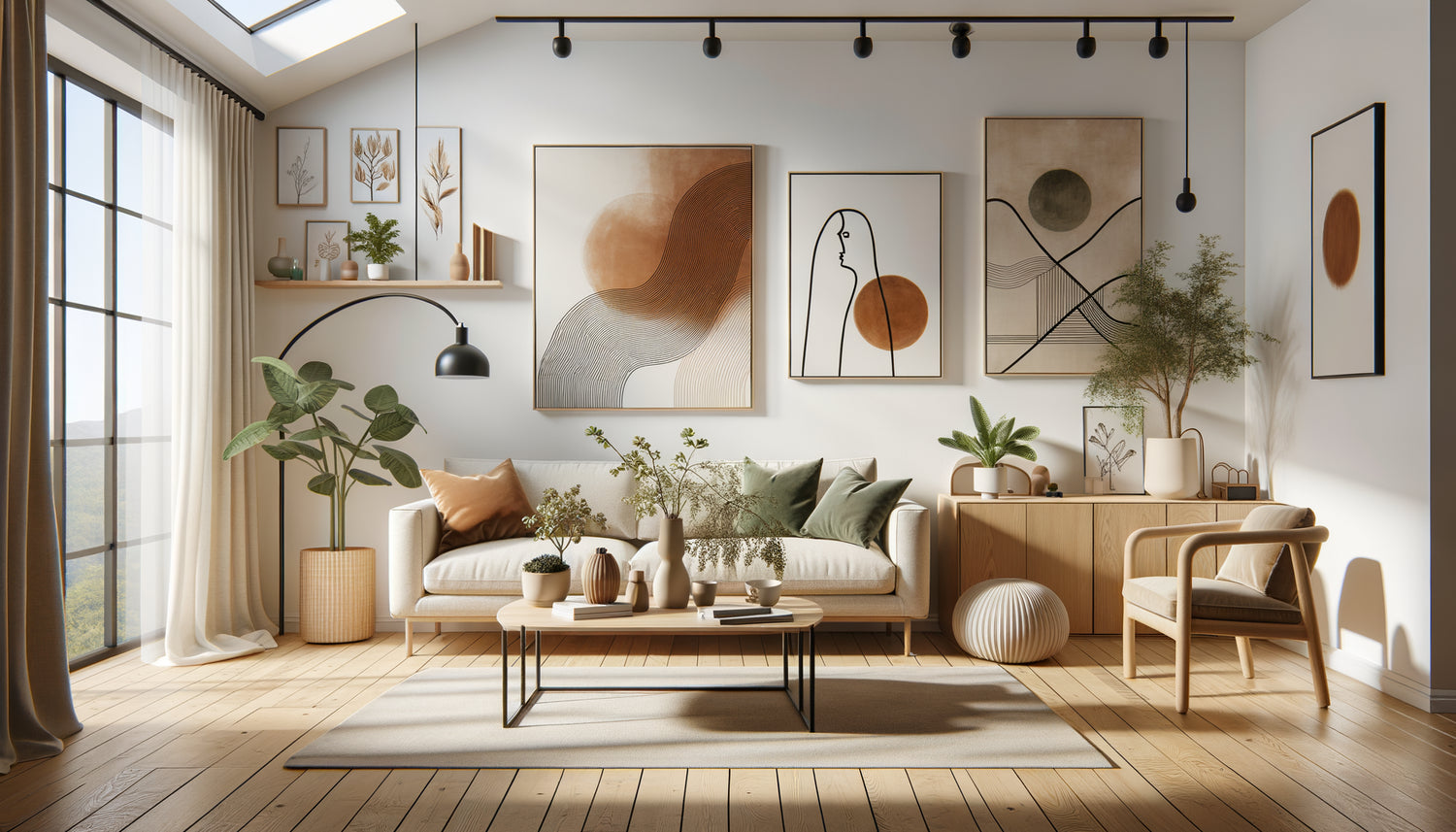 Intérieur Airbnb tendance 2025 avec tableaux abstraits organiques, line art minimaliste et paysages stylisés sur murs blancs