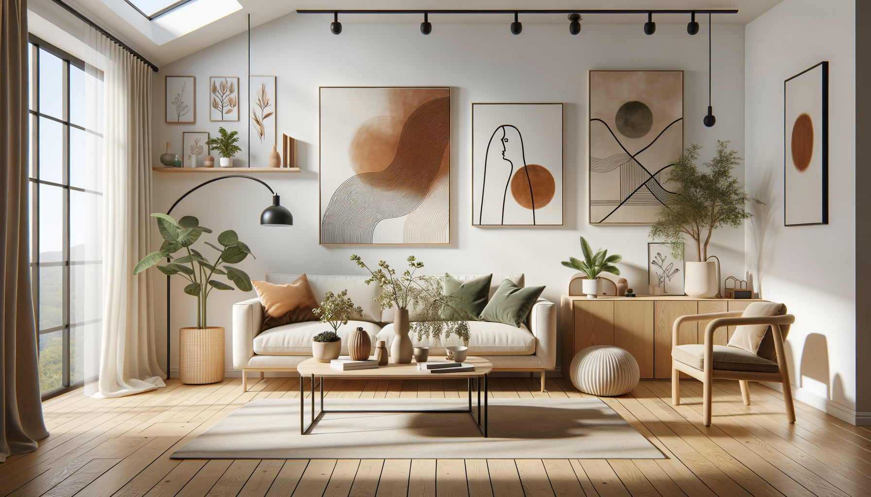 Intérieur Airbnb tendance 2025 avec tableaux abstraits organiques, line art minimaliste et paysages stylisés sur murs blancs