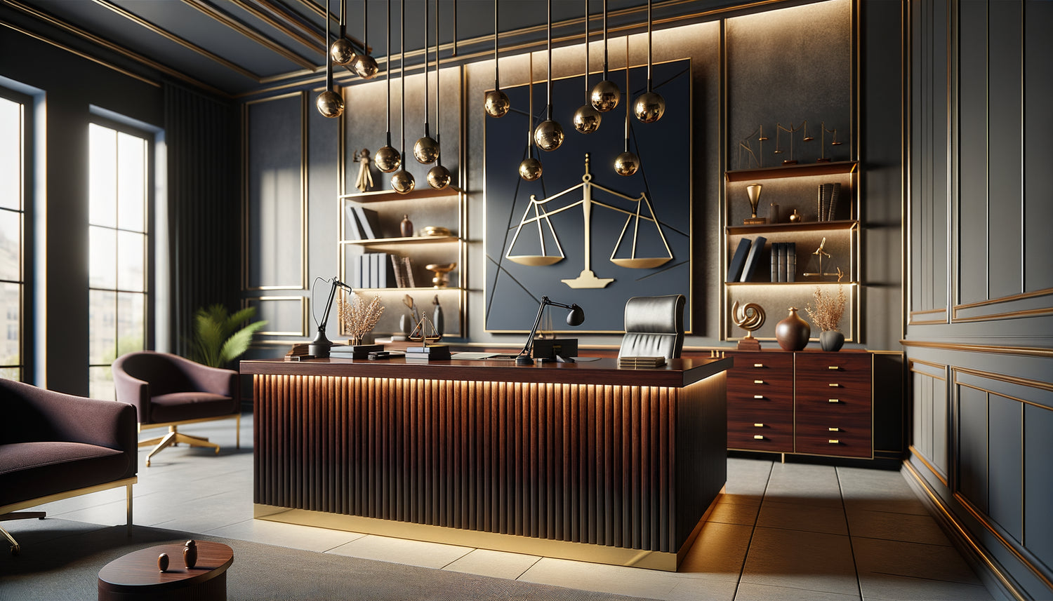 Décoration juridique contemporaine sophistiquée avec œuvre abstraite évoquant subtilement l'équilibre et la justice sans symboles littéraux