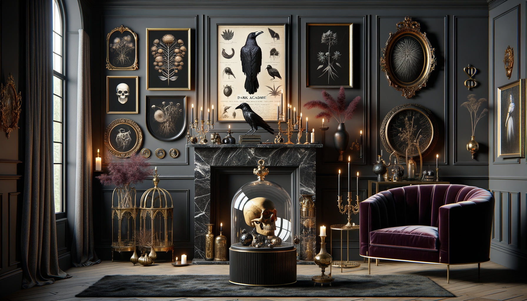Intérieur sophistiqué inspiré de l'esthétique Halloween permanente avec crâne décoratif, corbeaux sous cloche et palette sombre élégante