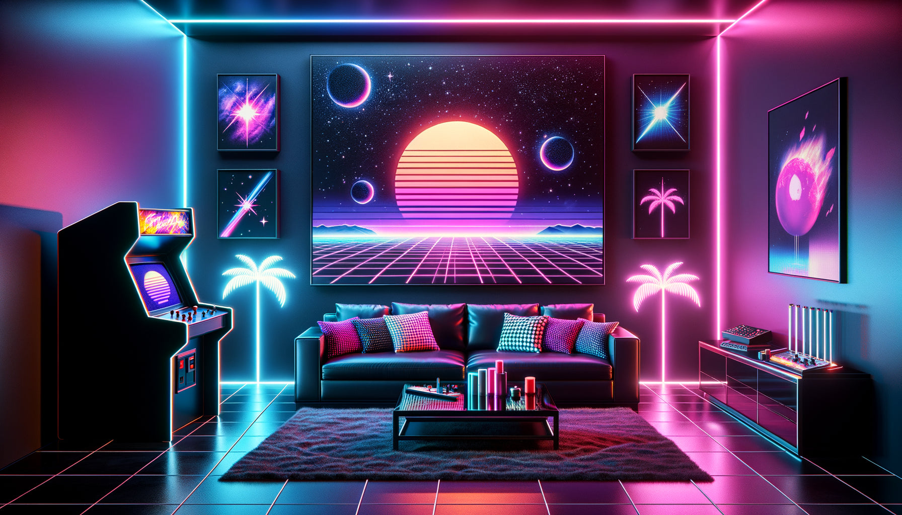 Salon moderne décoré dans l'esthétique synthwave avec éclairages néons magenta et cyan, fresque murale représentant un horizon cosmique rétro-futuriste avec grille perspective et soleil stylisé années 80