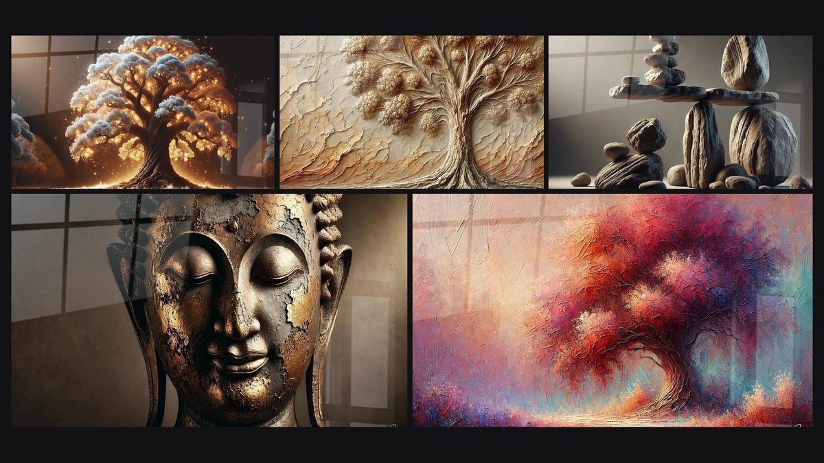 Mosaïque de cinq tableaux, dont Arbre de Nuit, Arbre d'Antan et Éphémère Stabilité