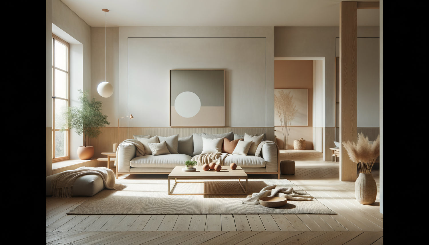 Intérieur minimaliste chaleureux de location saisonnière avec palette neutre, mobilier épuré scandinave et textiles douillets