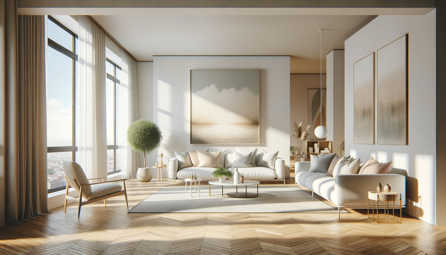 Intérieur minimaliste d'une location saisonnière avec mobilier scandinave, palette de couleurs neutres et décoration épurée baignée de lumière naturelle