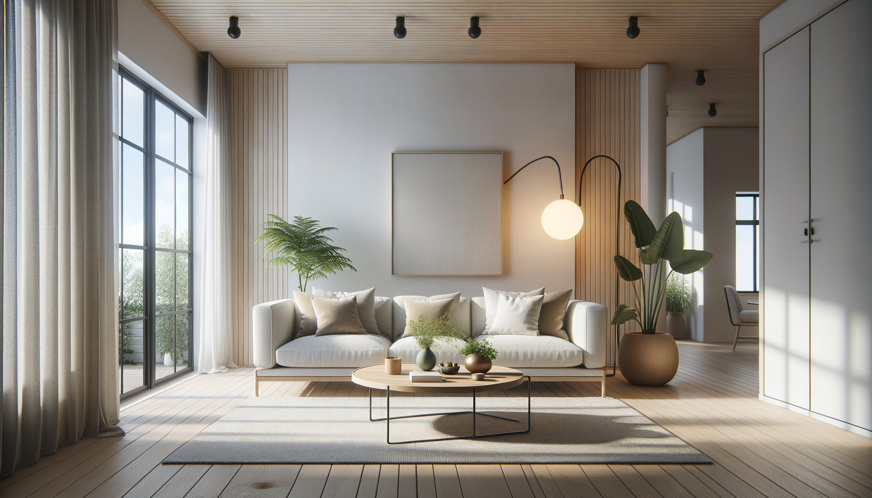 Intérieur minimaliste d'une location saisonnière avec palette de couleurs neutres, mobilier épuré en bois naturel, canapé beige et éclairage d'ambiance en couches