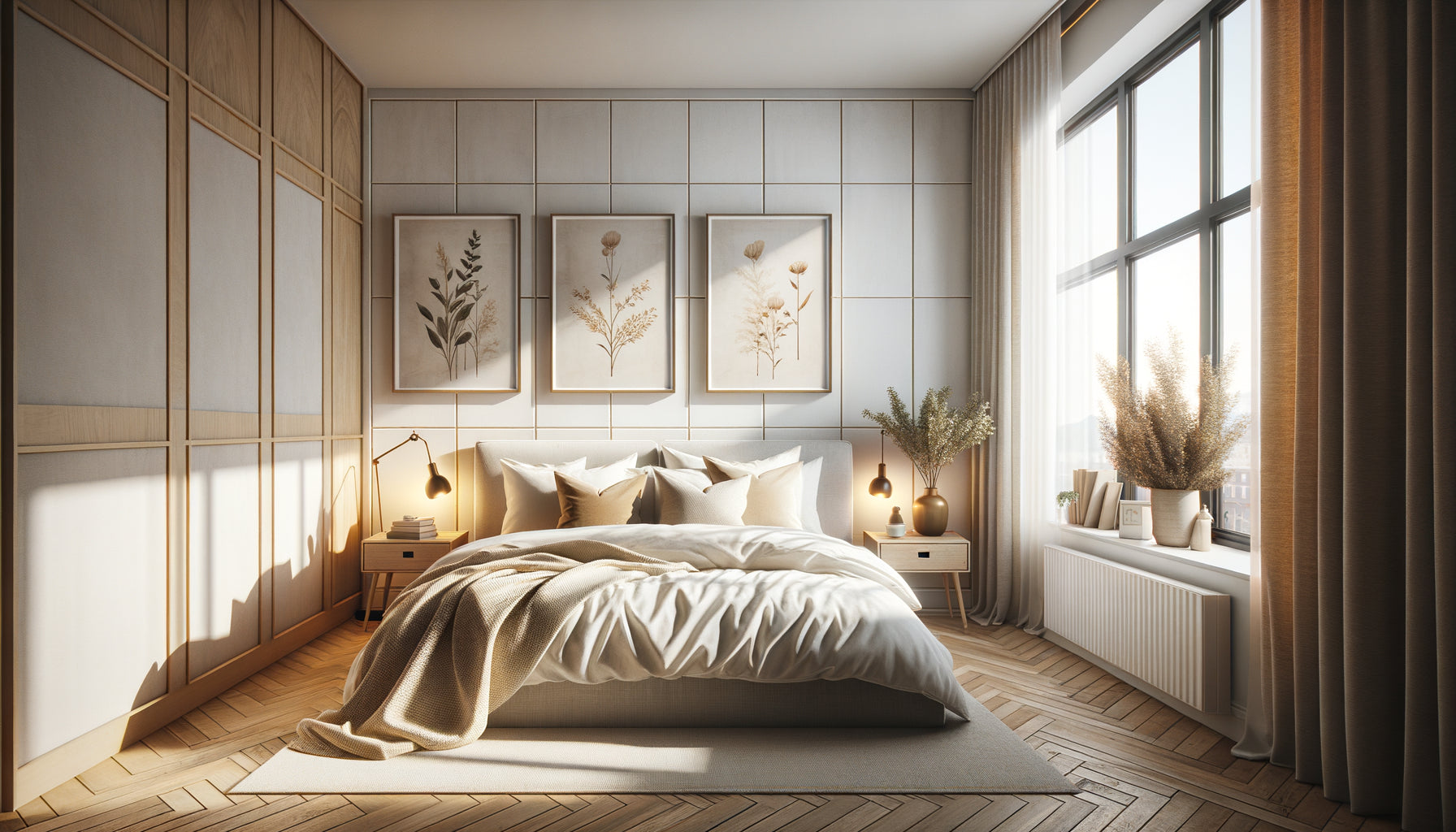 Chambre Airbnb moderne avec décoration murale botanique minimaliste, ambiance chaleureuse et accueillante pour location courte durée