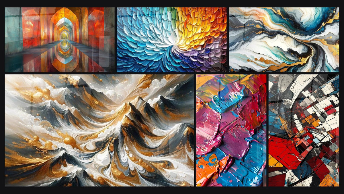 Mosaïque de six tableaux, dont Voûtes Chatoyantes Vermillon, Plumes spirale colorée et Courants Colorés