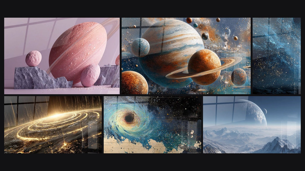Mosaic of six paintings, including Pink Planet with Rings, Planets Solar System and Cosmic Ocean Nebula