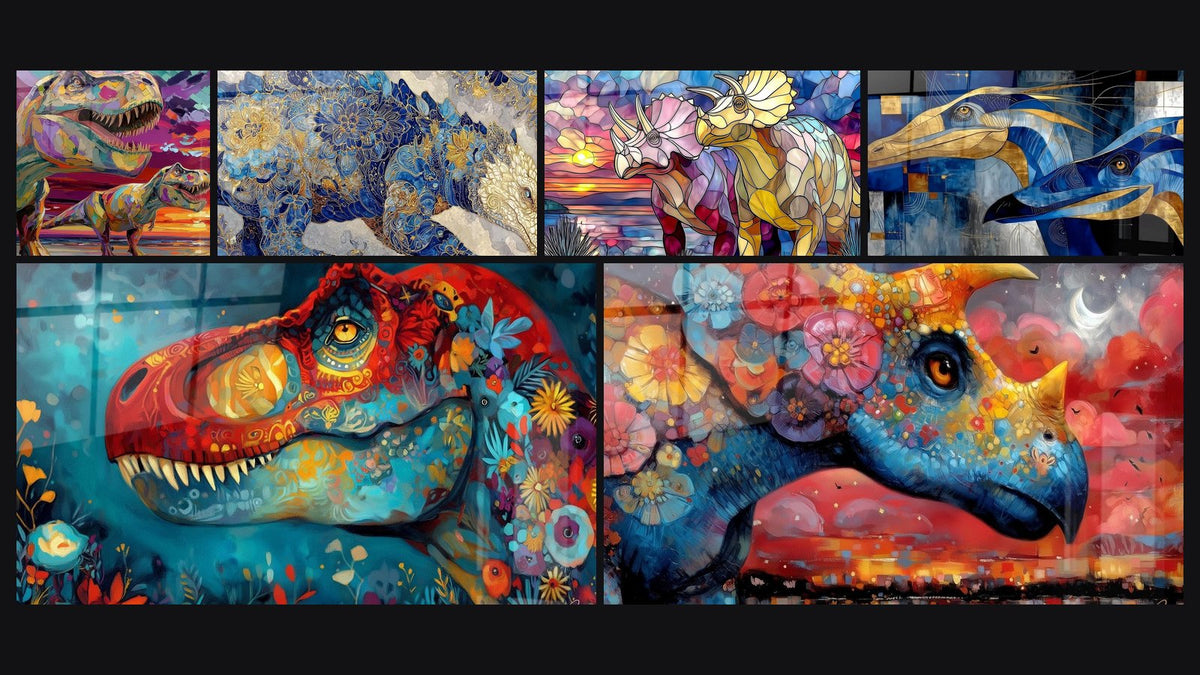 Mosaik aus sechs Gemälden, darunter T-Rex Farbig, Triceratops-Wandbild mit Blumenmotiven und Triceratops Buntglas Farbe
