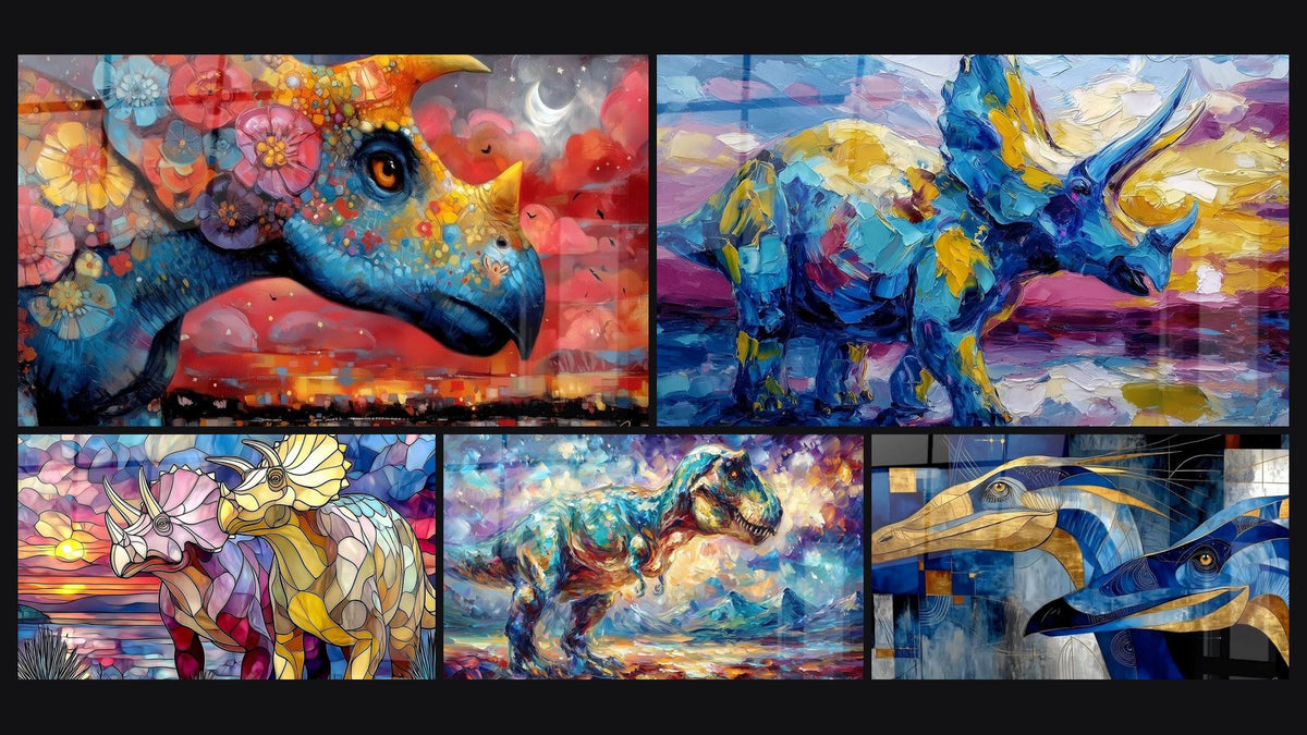 Mosaik aus fünf Gemälden, darunter Triceratops Buntglas Farbe, Farbiger T-Rex und Stilisierte Meeresdinosaurier