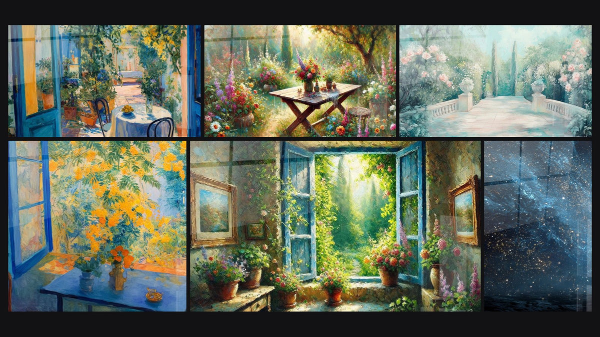 Mosaik aus sechs Gemälden, darunter Mediterrane Terrasse, Gartenbild Blick auf den Garten und Pastel Paradies
