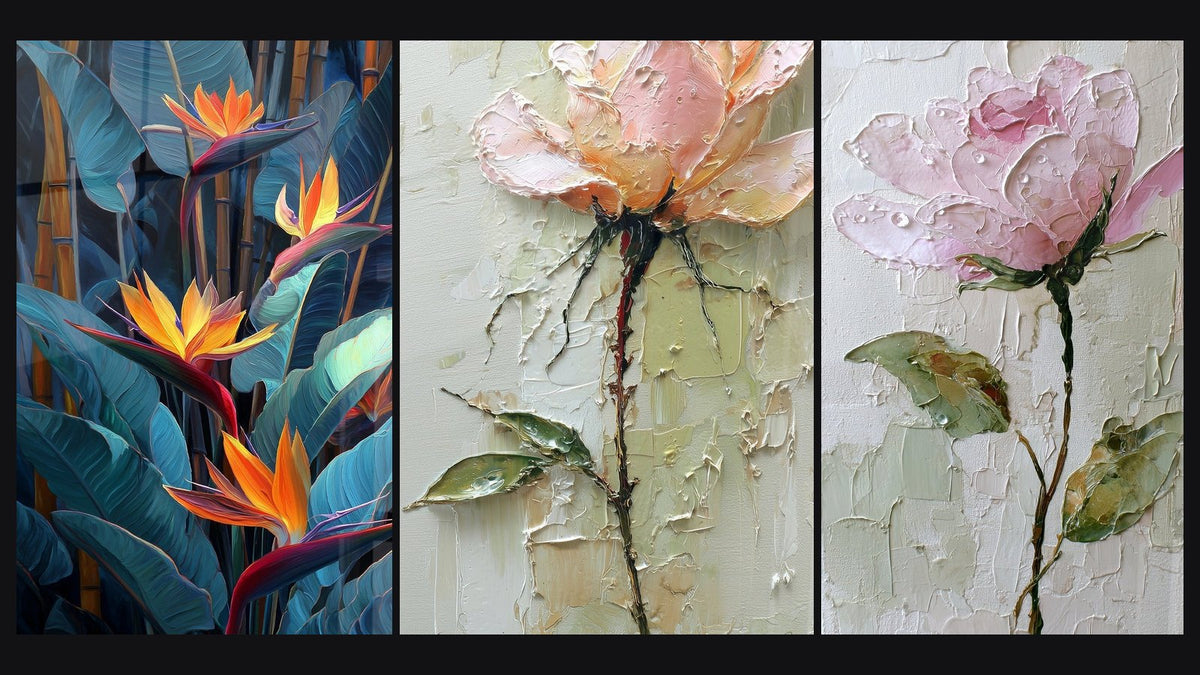 Mosaik aus drei Gemälden, darunter Blumenbild Rosa zartrosa und salbeigrün