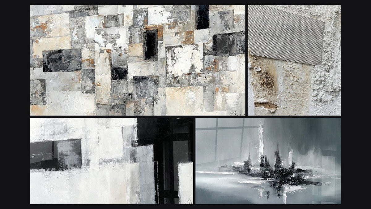 Mosaico de cuatro cuadros, entre ellos Abstracto Mosaico Gris y Beige