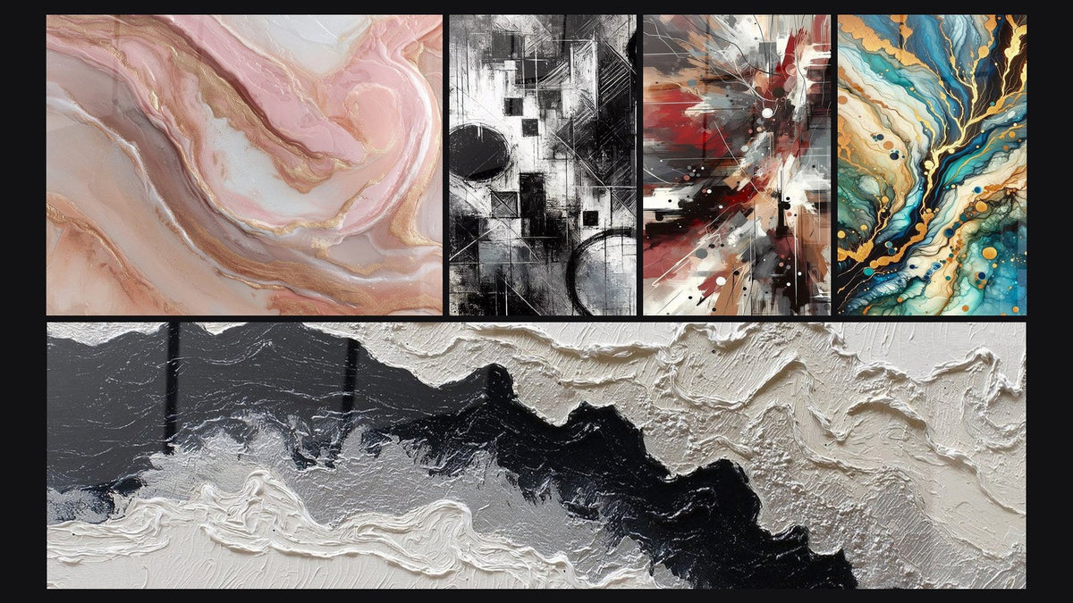 Mosaic of five paintings, including Fragments of Absolute, Dynamic Explosive Noise Abstract and Mineral Labyrinth