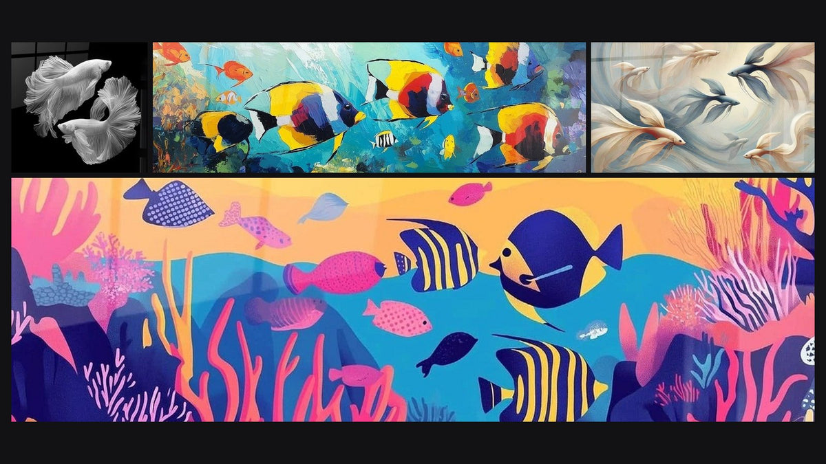 Mosaik aus vier Gemälden, darunter Kampffische und Fischtabelle Oasis Unterwasserwelt